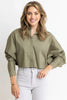 Olive Solid Poplin Ruffle Button Top