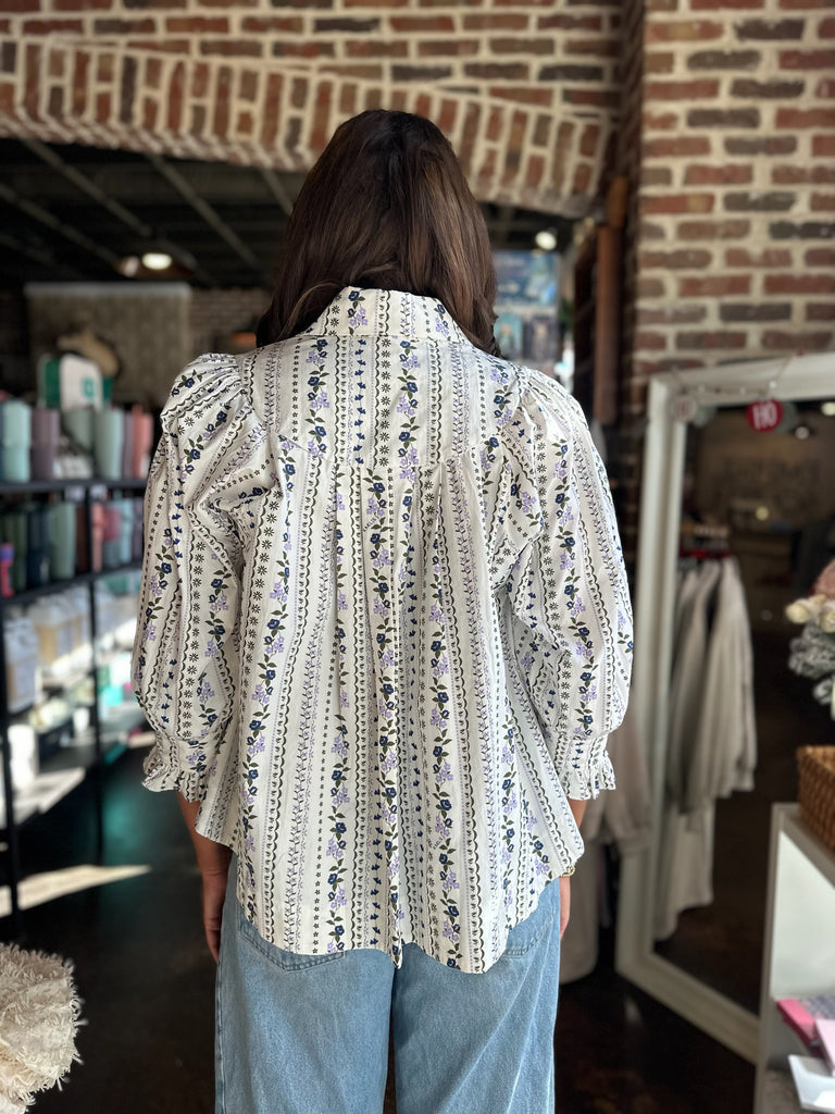 Olive French Floral Button Up Puff Sleeve Top