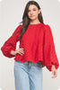 Red Pintuck Check Textured Puff Sleeve Blouse