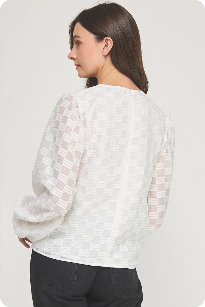 White Pintuck Check Textured Puff Sleeve Blouse