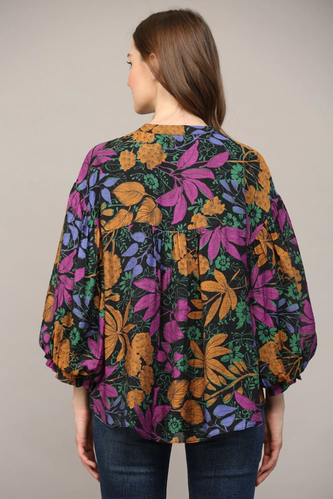 Bold Floral Print Bubble Sleeve Blouse