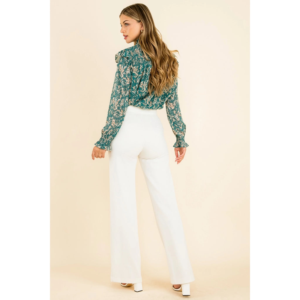 Teal Smocked Print Blouse