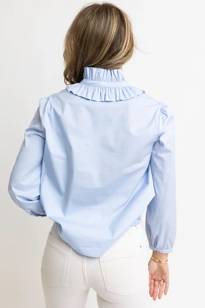 Baby Blue Solid Poplin Ruffle Neck Top