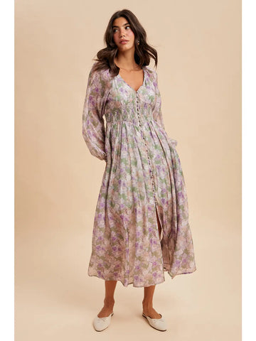 Ivory Vintage Floral Pleat Sleeve Dress