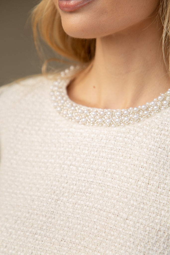 Cream Pearl Trim Bubble Sleeve Top