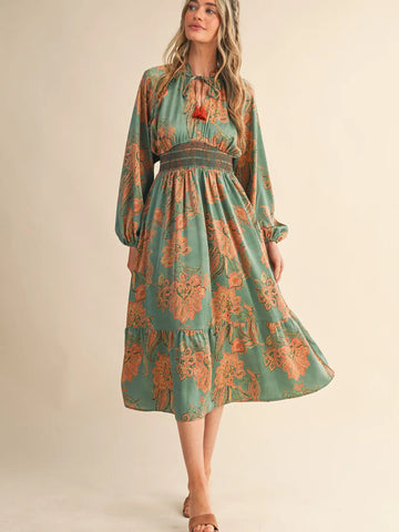 Ivory Vintage Floral Pleat Sleeve Dress
