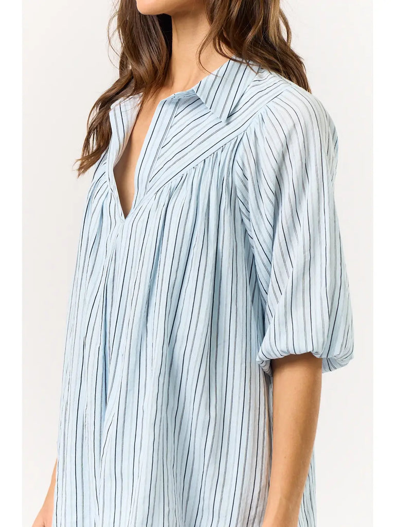 Blue & Navy Striped Puff Sleeve Mini Dress
