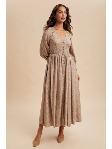 Ivory Vintage Floral Pleat Sleeve Dress