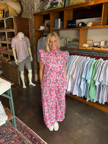 White Toucan Fruit V-Neck Maxi Dress