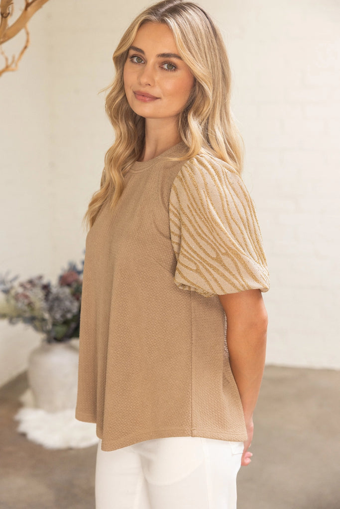 Tan Zebra Pattern Puff Sleeve Knit Top