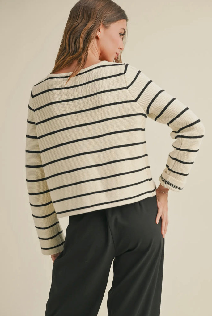 FINAL SALE - White/Black Striped Front Tie Cardigan