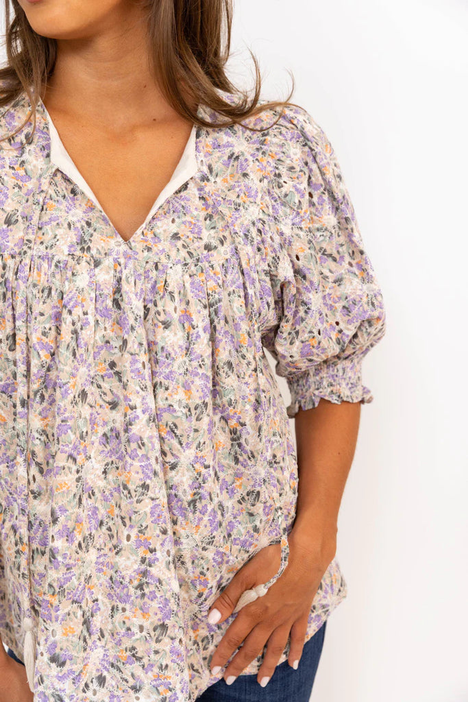 Lilac Floral Embroidered V-Neck Puff Sleeve Top
