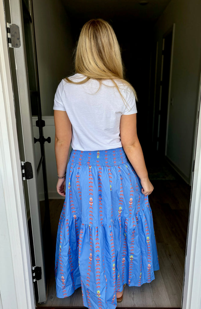 Periwinkle Floral Vine Smock Waist Tier Maxi Skirt