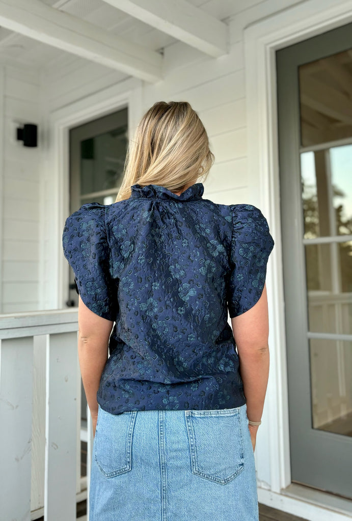 Navy Ruched Textured Top