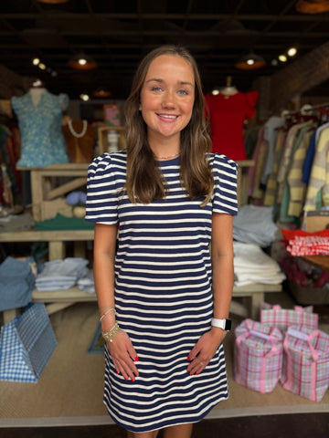 Larissa Blue & White Pleat Sleeve Tee