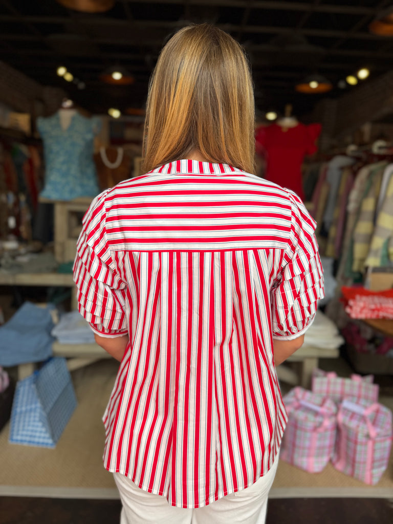 Red Stripe "America" Pleat Sleeve Top