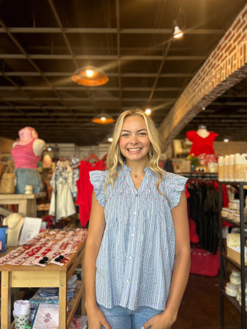 FINAL SALE - Braid Trim Light Denim Blouse