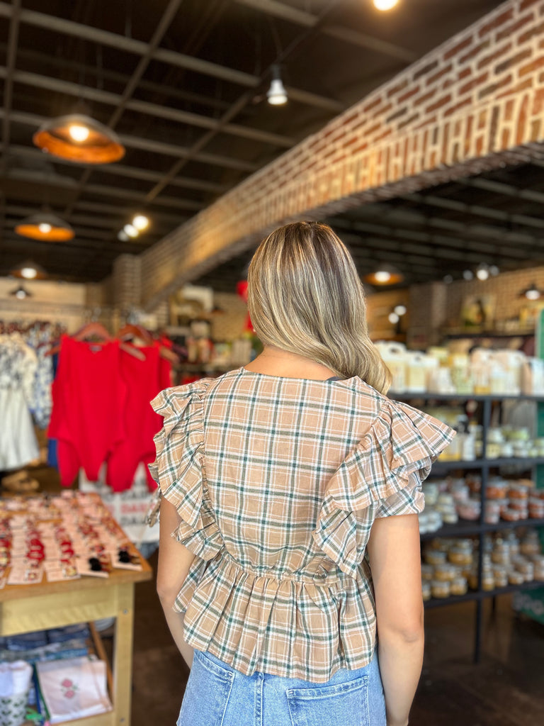 FINAL SALE - Taupe Plaid Babydoll Top