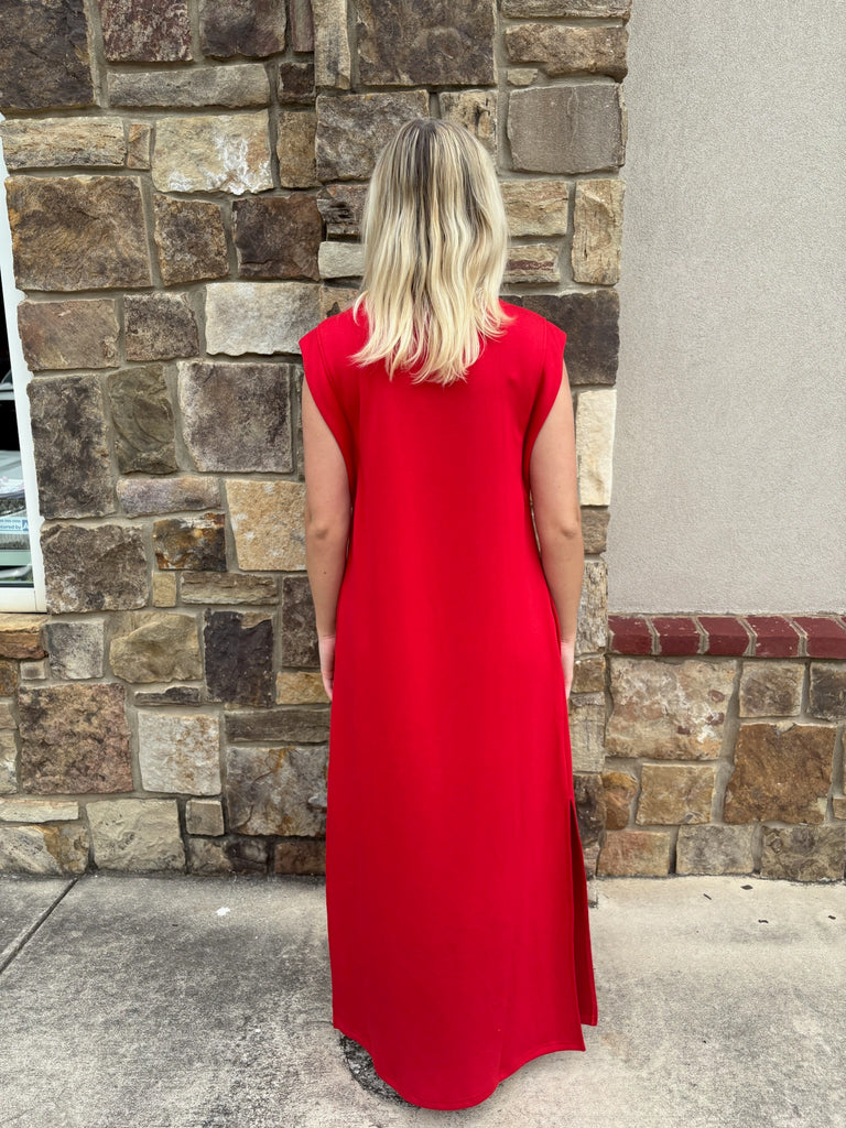 Red Jersey Knit Pullover Midi Dress