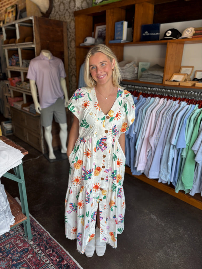 White Toucan Fruit V-Neck Maxi Dress