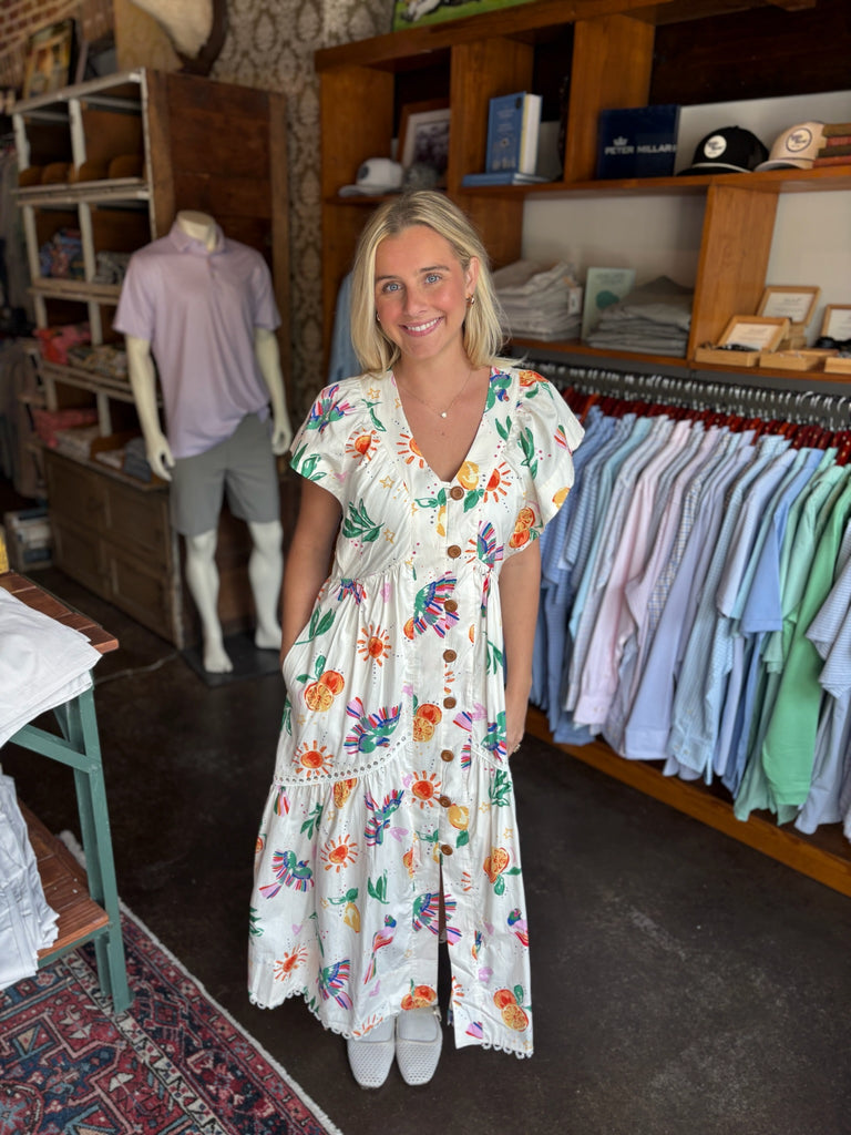 White Toucan Fruit V-Neck Maxi Dress