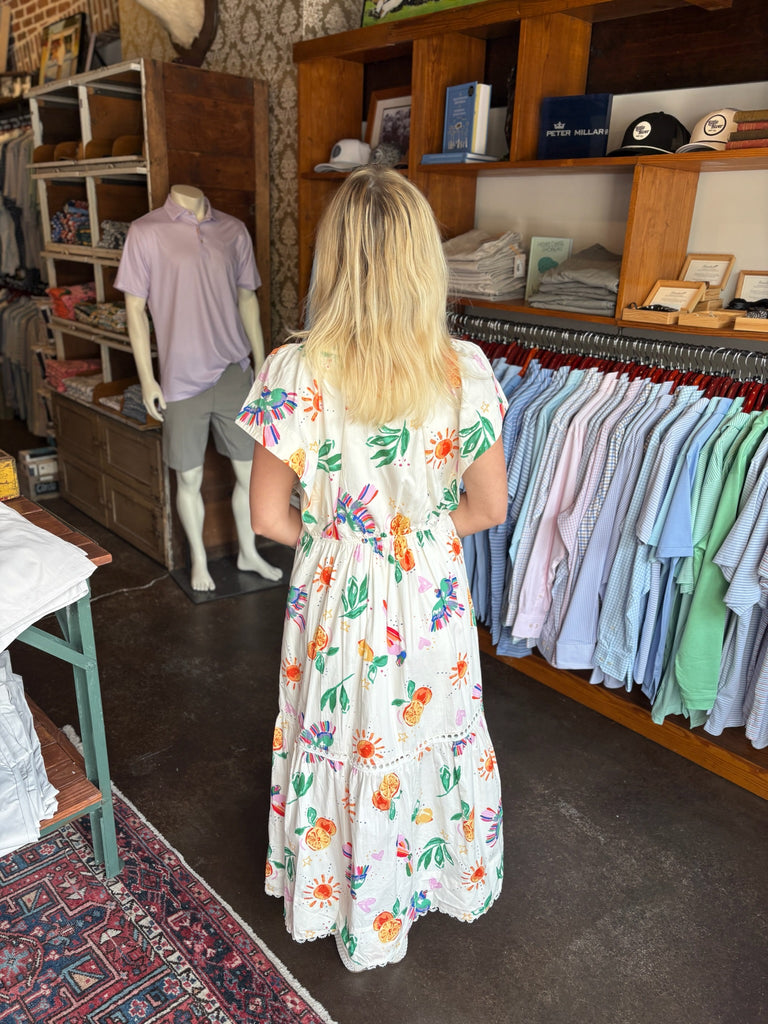 White Toucan Fruit V-Neck Maxi Dress
