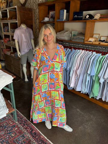 White Toucan Fruit V-Neck Maxi Dress
