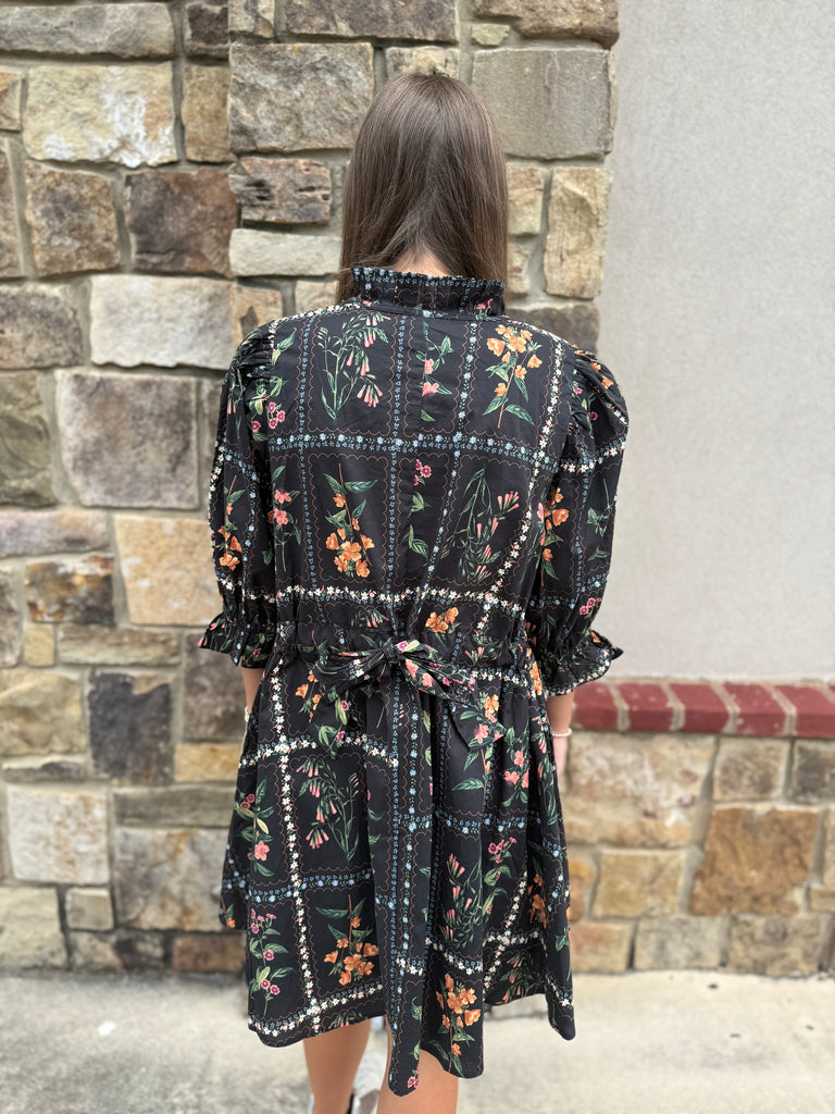 Black Floral Ruffle Puff Sleeve Mini Dress