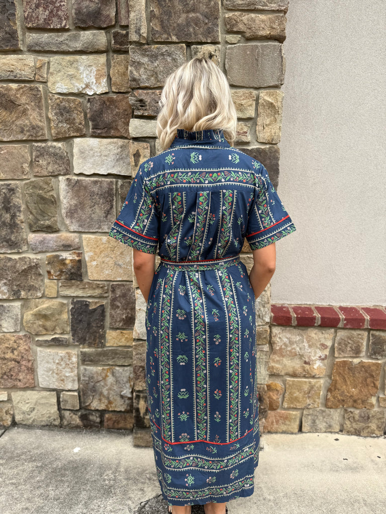 Navy Floral Detail Midi Dress