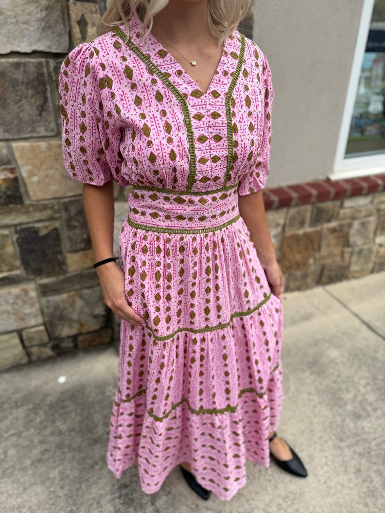 Lisa Puff Sleeve Tiered Dress Pink