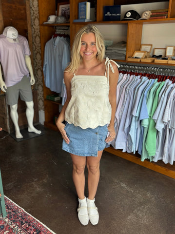 Periwinkle Floral French Vine Button-Up Top With Ruffle Slv