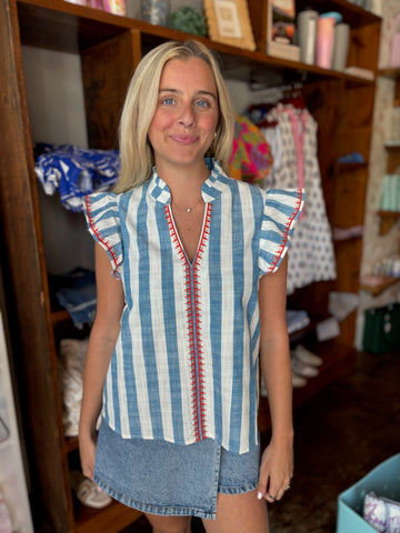 Periwinkle Floral French Vine Button-Up Top With Ruffle Slv