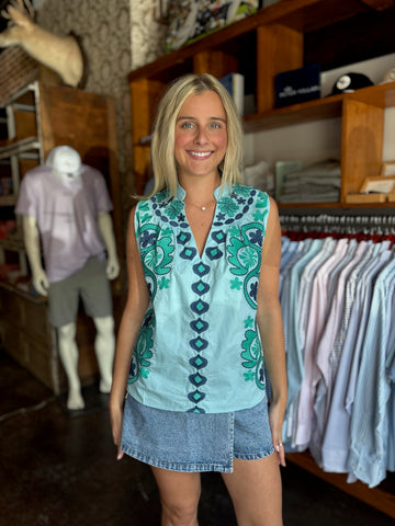 Periwinkle Floral French Vine Button-Up Top With Ruffle Slv