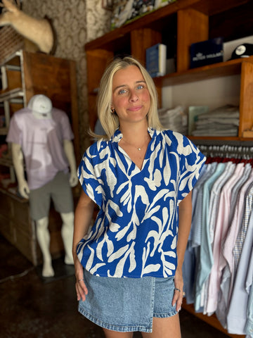 Periwinkle Floral French Vine Button-Up Top With Ruffle Slv