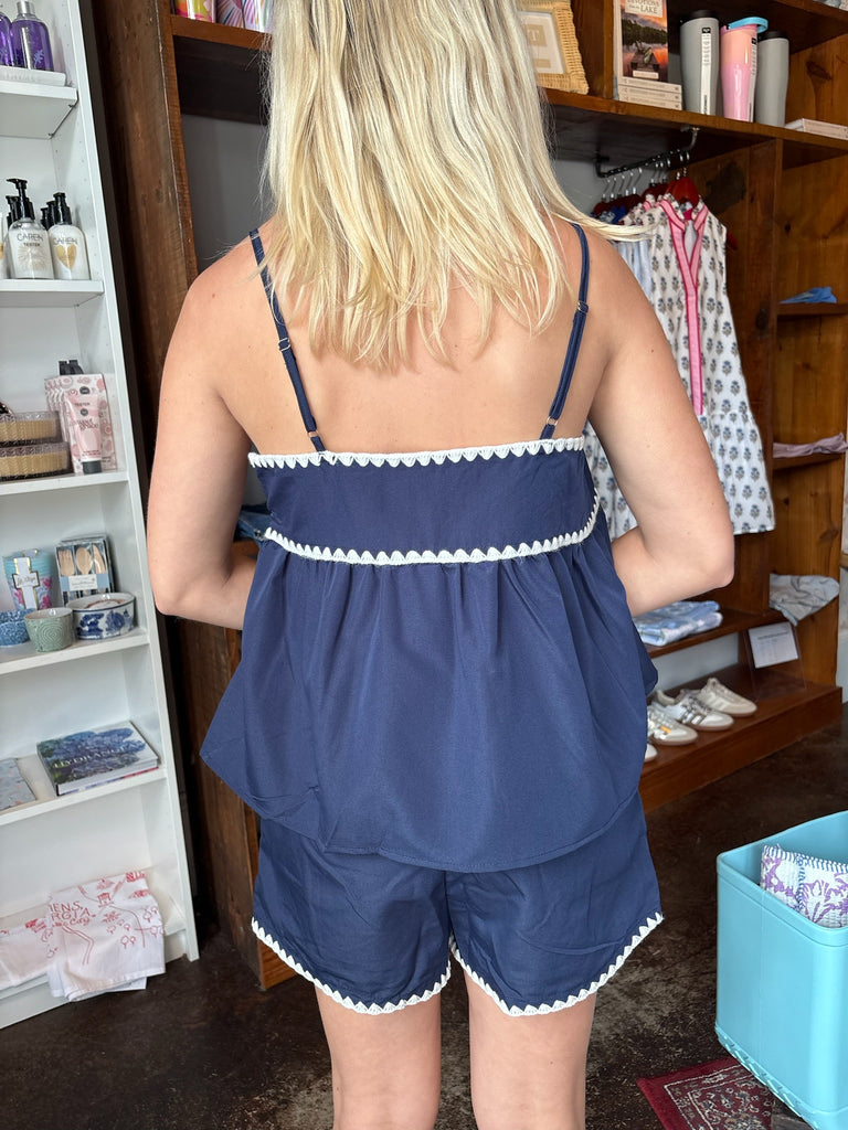 Navy Triangle Embroidery Stitch Short