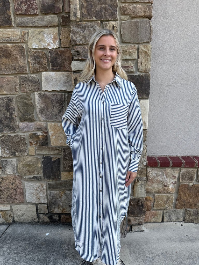 Long Sleeve Stripe Midi Shirt Dress