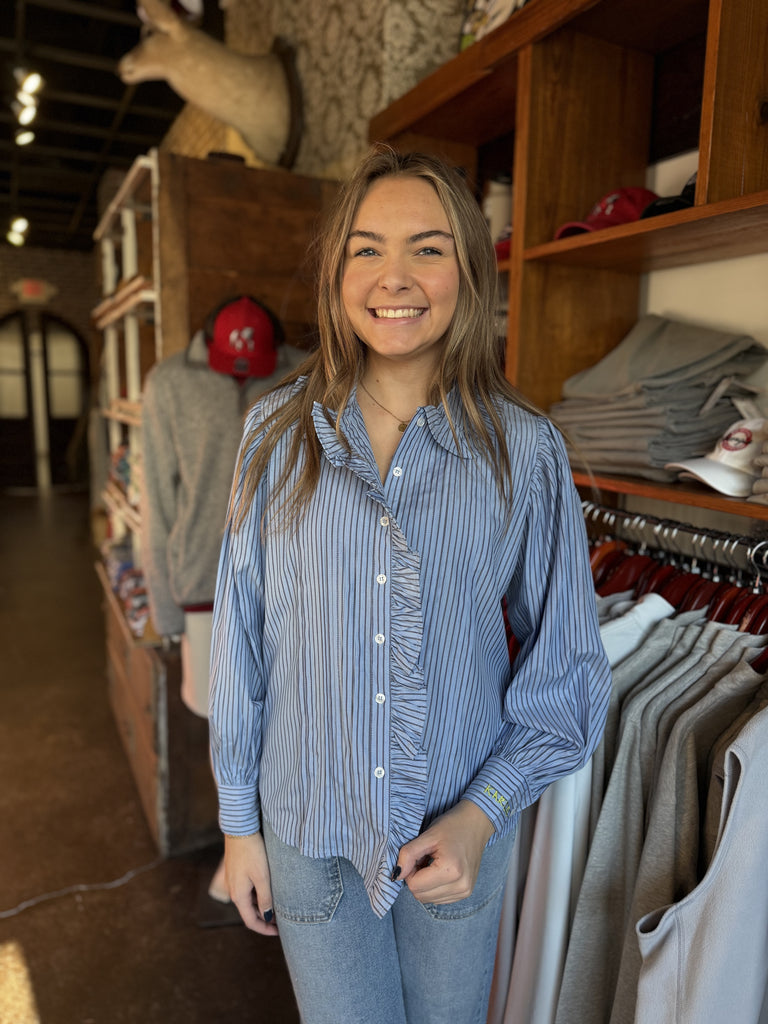 FINAL SALE - Blue Stripe Poplin Ruffle Collar Pleat Top