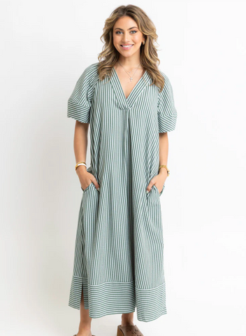 Ivory Denim Belted Puff Sleeve Dress