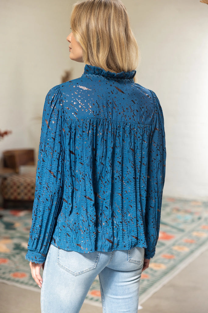 Navy Pintuck Scallop Trim Long Sleeve Top